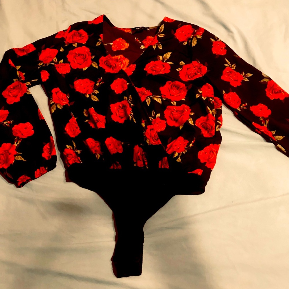 Black and red rose covered beautiful long sleeved bodysuit